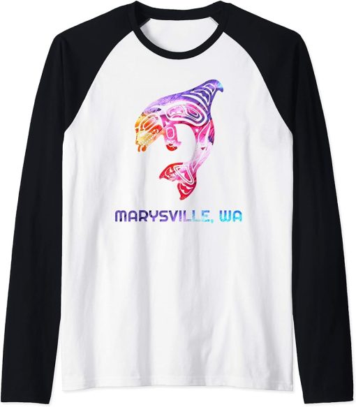 Marysville WA Native American Orca Killer Whale Raglan Baseball Tee