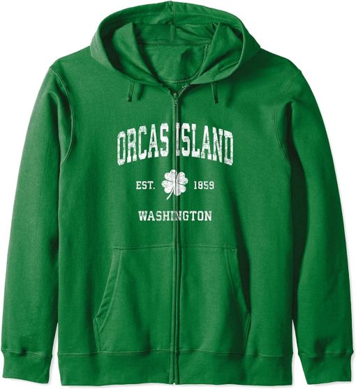 Orcas Island Washington Vintage Shamrock Sports Zip Hoodie